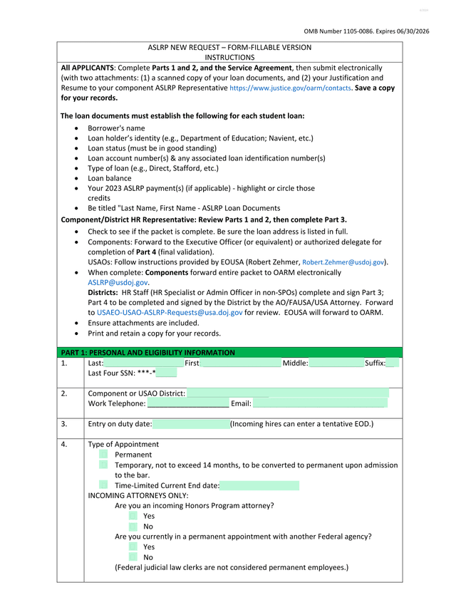 ASLRP New Request Form screenshot