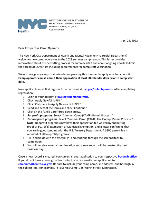 NYC Summer Camp Permit Application Guidance screenshot