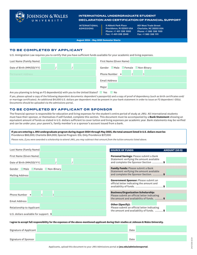 International Undergraduate Student Declaration And Certification Of Financial Support screenshot