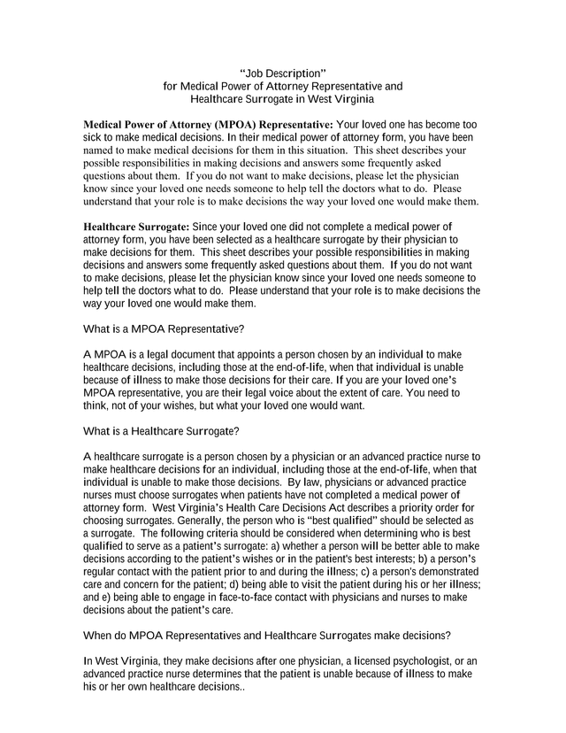 Job Description For Medical Power Of Attorney Representative And Healthcare Surrogate In West Virgin screenshot