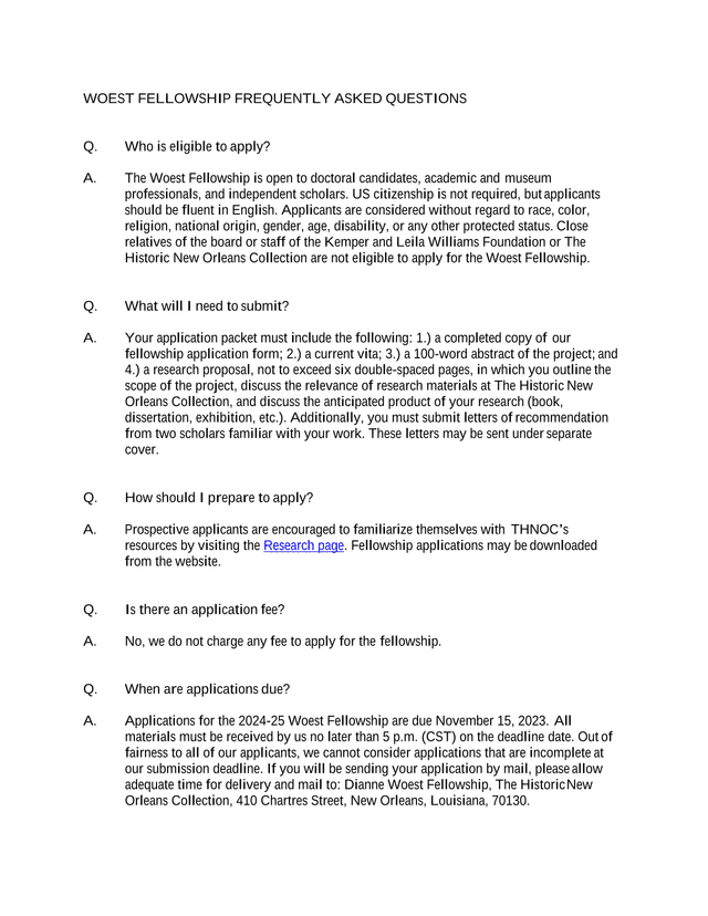 WOEST FELLOWSHIP FREQUENTLY ASKED QUESTIONS screenshot