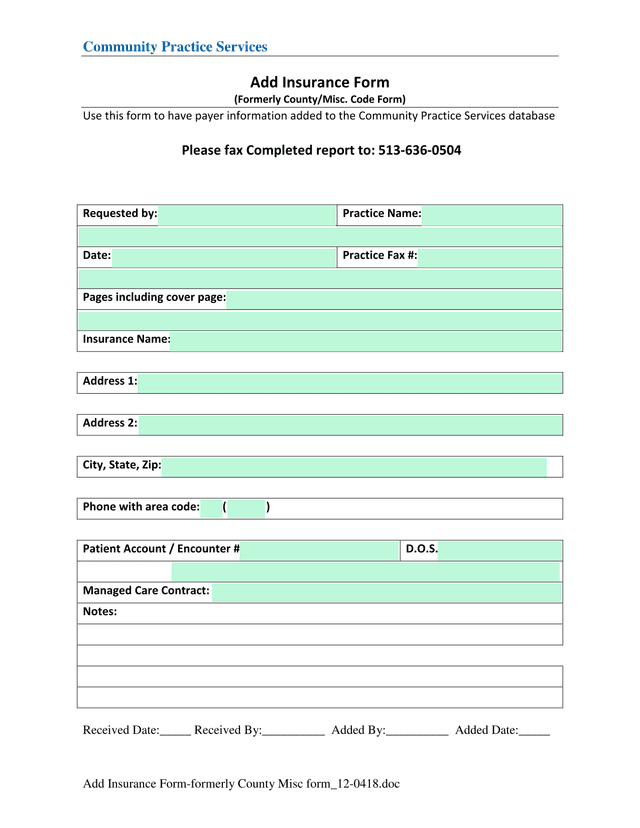 Add Insurance Form screenshot