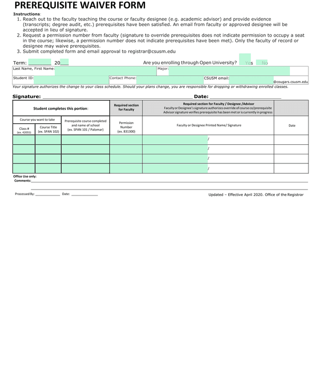 PREREQUISITE WAIVER FORM screenshot