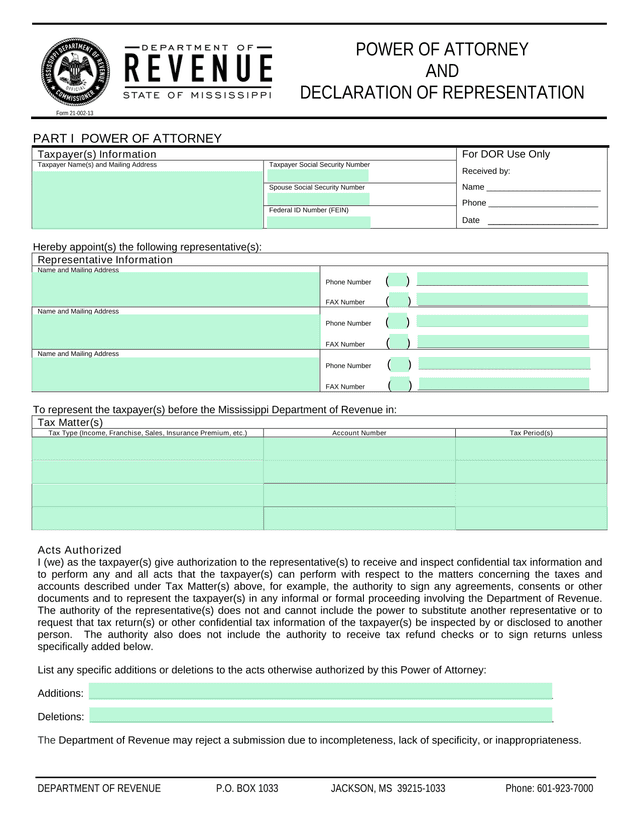 Form 21 002 13 POWER OF ATTORNEY AND DECLARATION OF REPRESENTATION screenshot