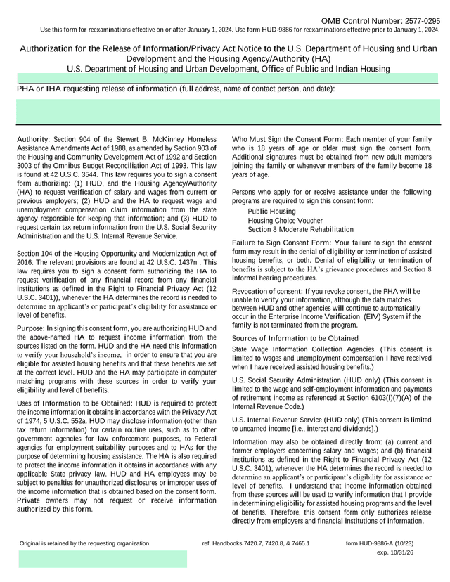 Authorization For The Release Of InformationPrivacy Act Notice To The U.S. Department Of Housing And screenshot
