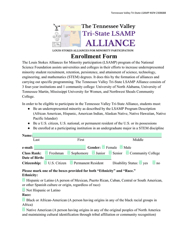 Tennessee Valley Tri State LSAMP Enrollment Form screenshot