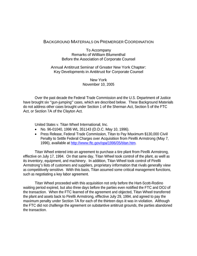 Background Materials On Premerger Coordination screenshot