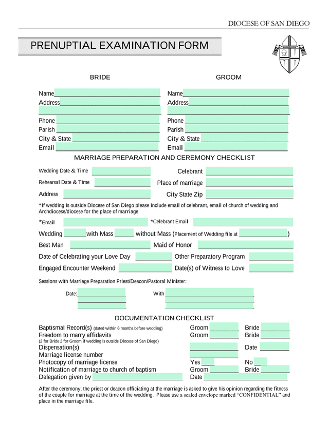 Diocese Of San Diego Prenuptial Examination Form screenshot