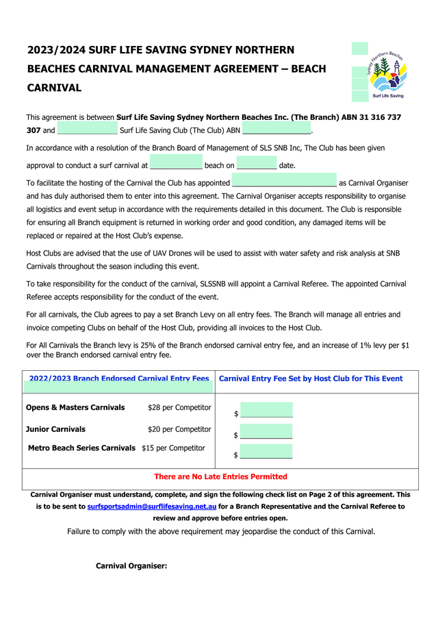 20232024 SURF LIFE SAVING SYDNEY NORTHERN BEACHES CARNIVAL MANAGEMENT AGREEMENT  BEACH CARNIVAL screenshot