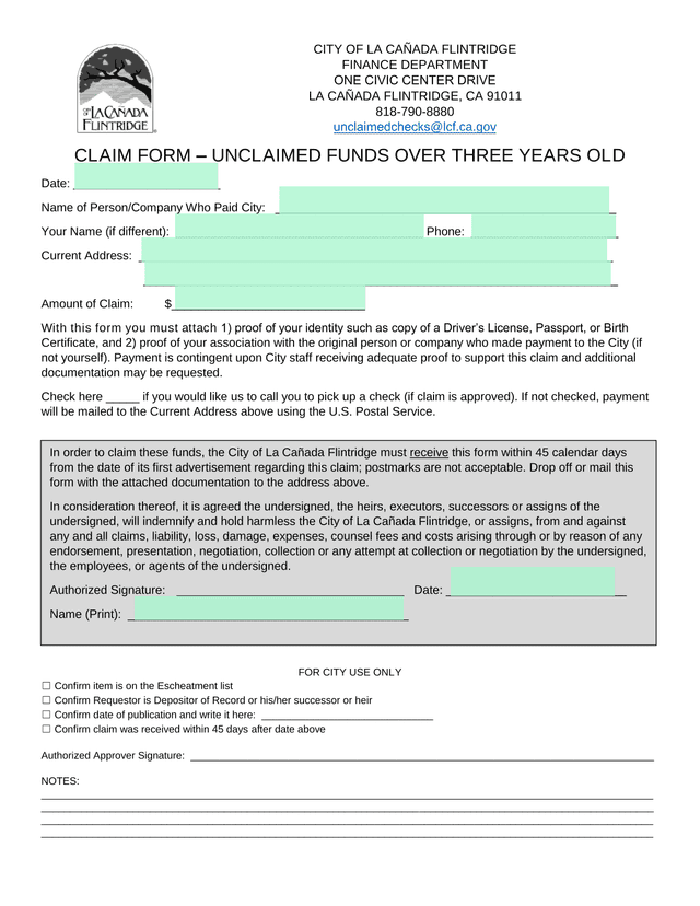 Claim Form  Unclaimed Funds Over Three Years Old screenshot