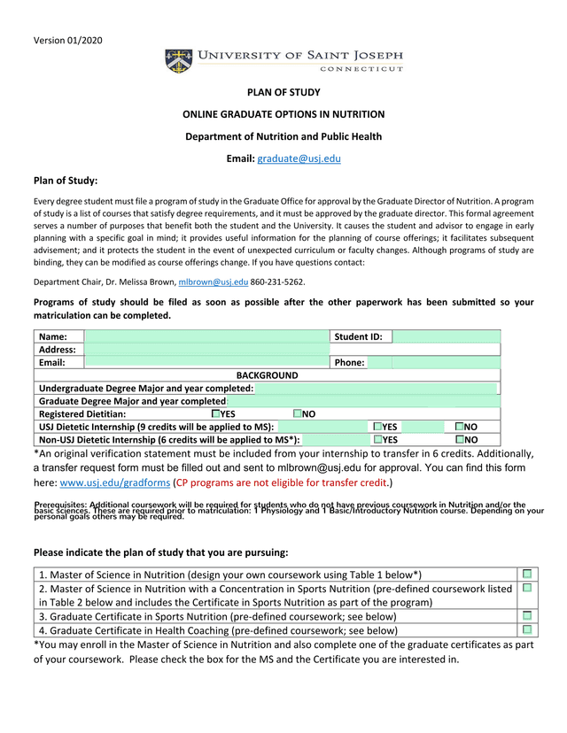 PLAN OF STUDY ONLINE GRADUATE OPTIONS IN NUTRITION screenshot