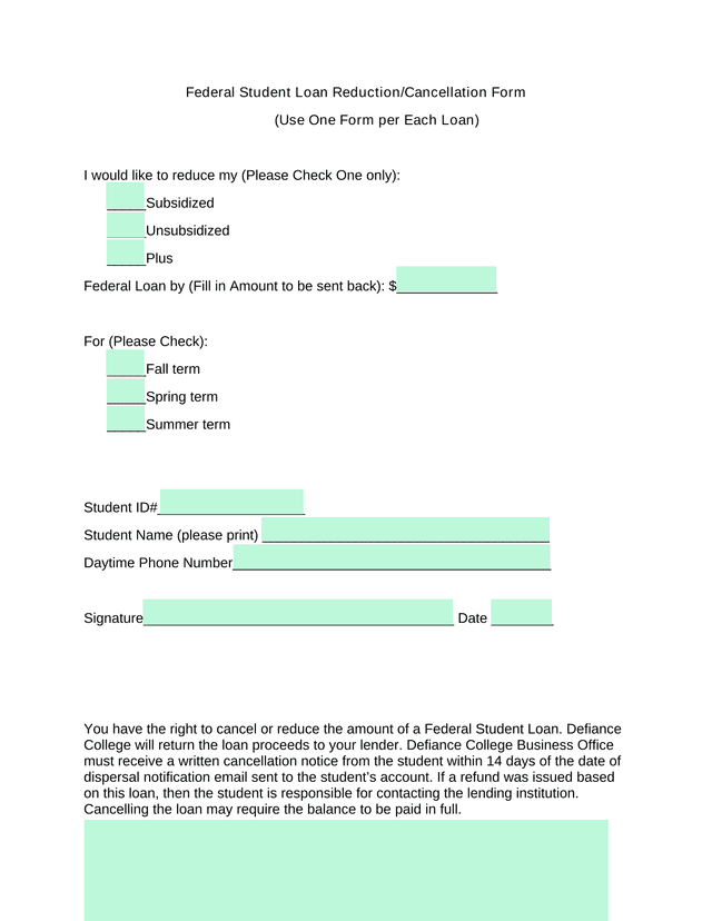 Federal Student Loan ReductionCancellation Form screenshot