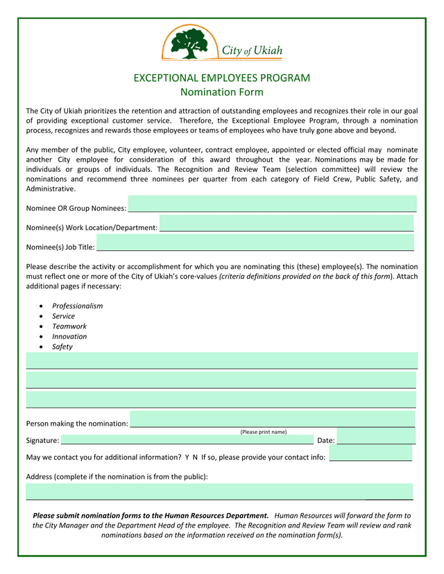 Exceptional Employees Program Nomination Form screenshot