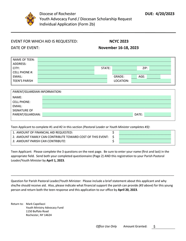 Youth Advocacy Fund  Diocesan Scholarship Request screenshot