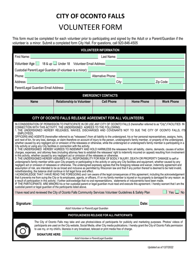 CITY OF OCONTO FALLS VOLUNTEER FORM screenshot