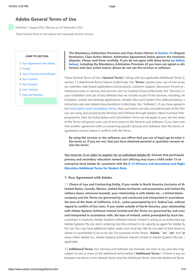 Adobe General Terms Of Use screenshot