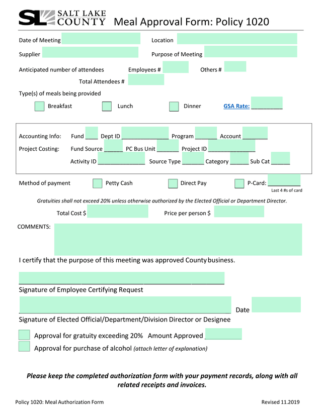 Meal Approval Form Policy 1020 screenshot