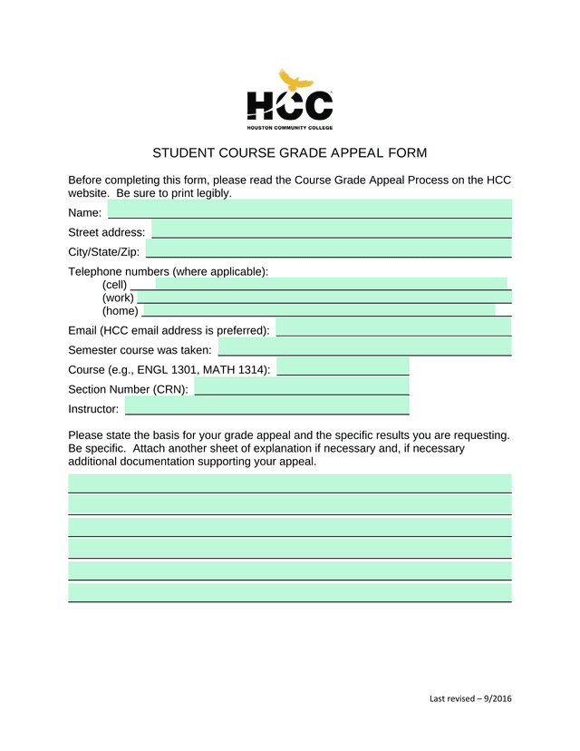 STUDENT COURSE GRADE APPEAL FORM screenshot