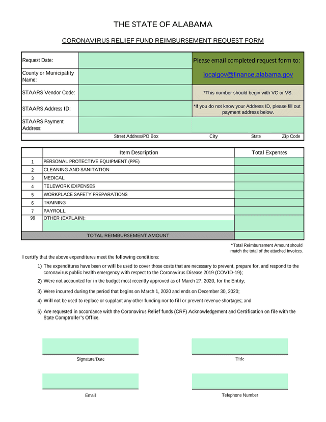 Coronavirus Relief Fund Reimbursement Request Form screenshot
