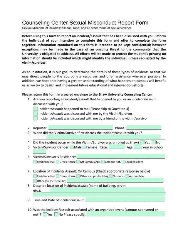 Counseling Center Sexual Misconduct Report Form screenshot