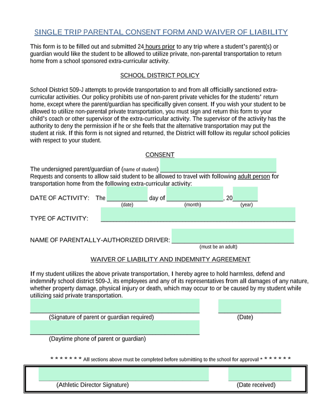 Single Trip Parental Consent Form And Waiver Of Liability screenshot