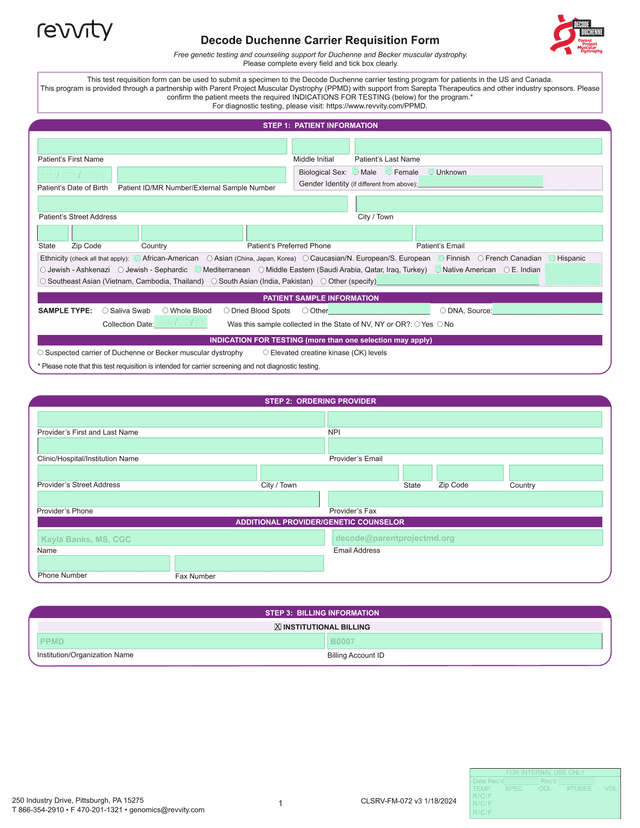 Decode Duchenne Carrier Requisition Form screenshot