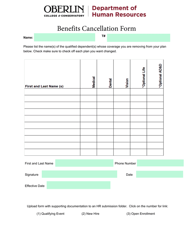 Benefits Cancellation Form screenshot