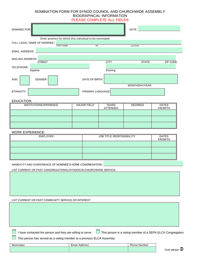 NOMINATION FORM FOR SYNOD COUNCIL AND CHURCHWIDE ASSEMBLY screenshot