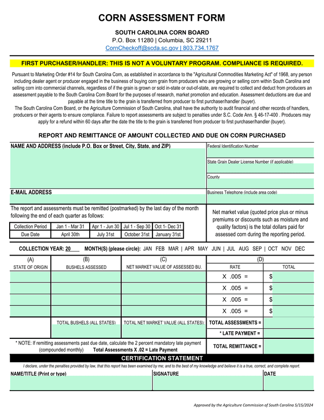 Corn Assessment Form screenshot