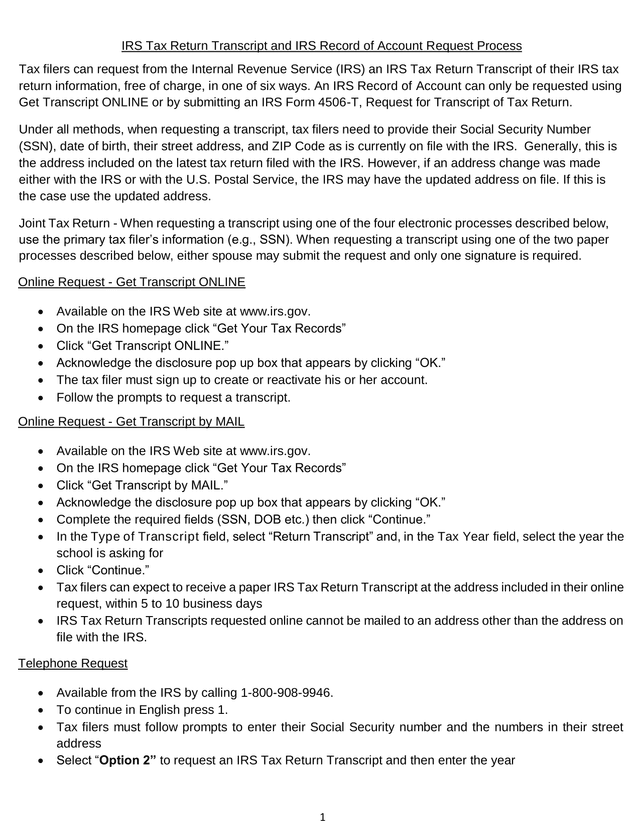 IRS Tax Return Transcript And IRS Record Of Account Request Process screenshot