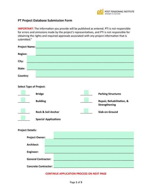 PT Project Database Submission Form screenshot