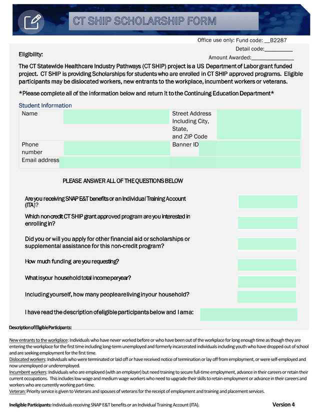 CT SHIP Scholarship Application screenshot