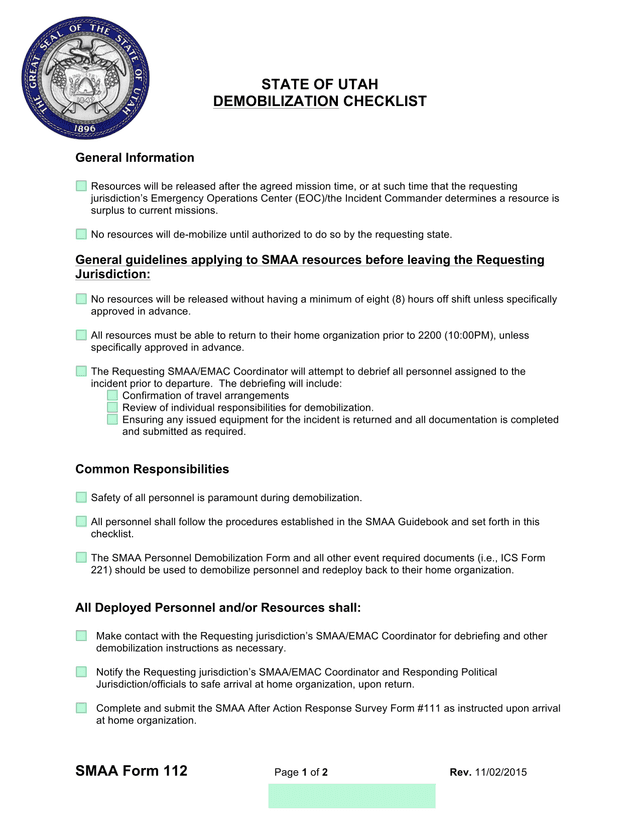 SMAA Form 112 Demobilization Checklist screenshot