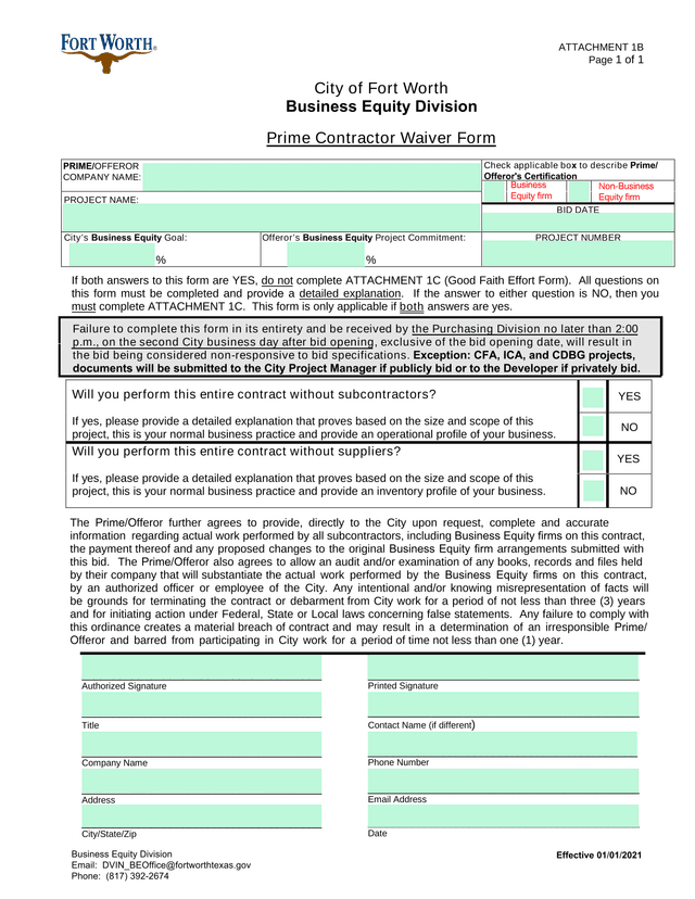 Prime Contractor Waiver Form screenshot