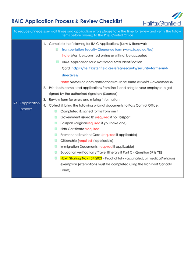 RAIC Application Process  Review Checklist screenshot