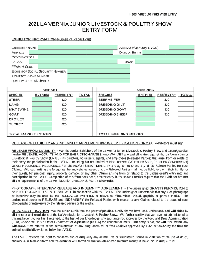2021 LA VERNIA JUNIOR LIVESTOCK  POULTRY SHOW ENTRY FORM screenshot