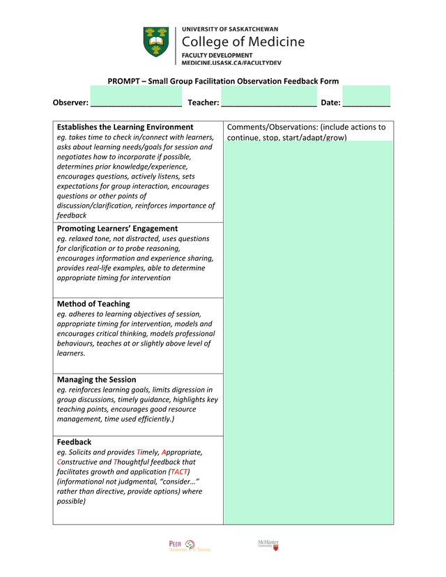 PROMPT  Small Group Facilitation Observation Feedback Form screenshot