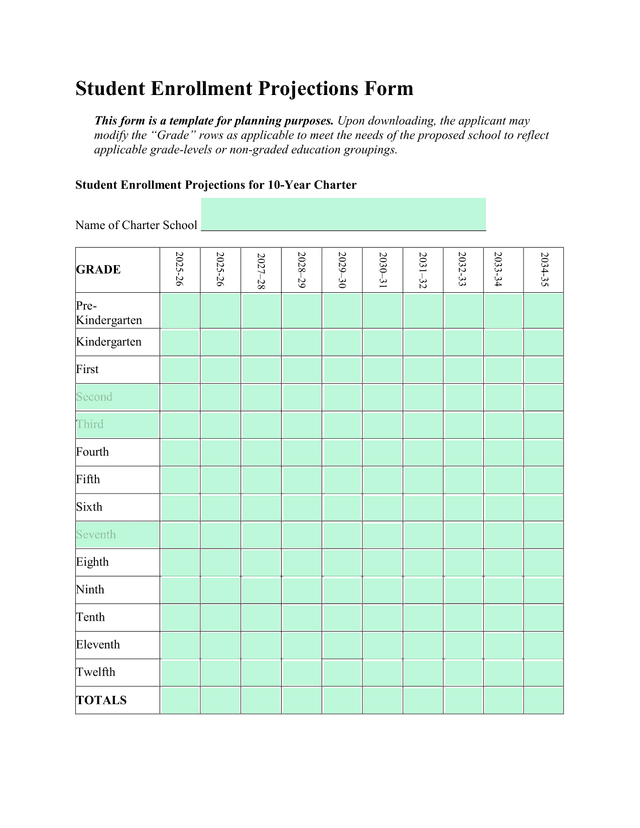 Student Enrollment Projections Form screenshot