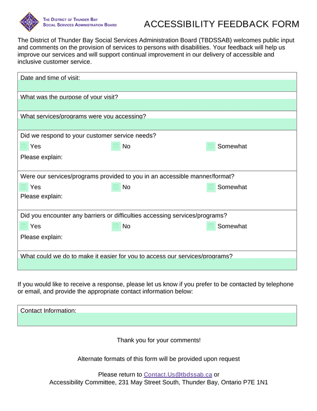 Accessibility Feedback Form screenshot