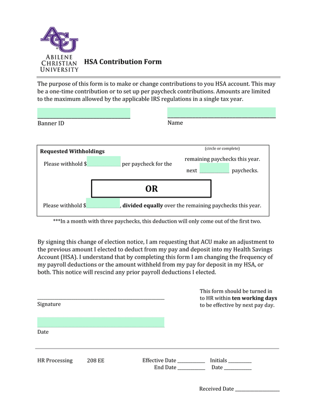 HSA Contribution Form screenshot