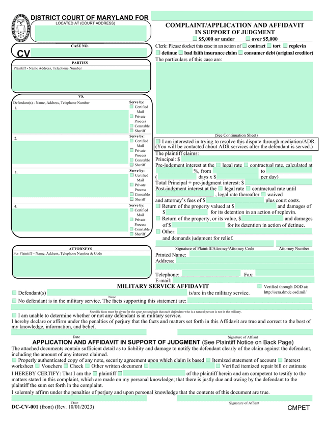 ComplaintApplication And Affidavit In Support Of Judgment screenshot