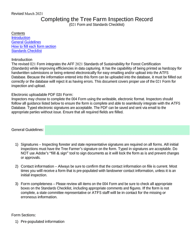 Tree Farm Inspection Record (021 Form And Standards Checklist) screenshot