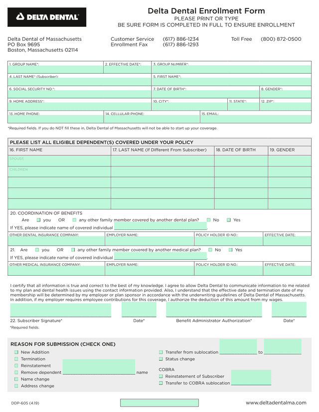 Delta Dental Enrollment Form screenshot
