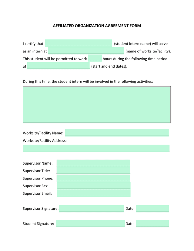 Affiliated Organization Agreement Form screenshot