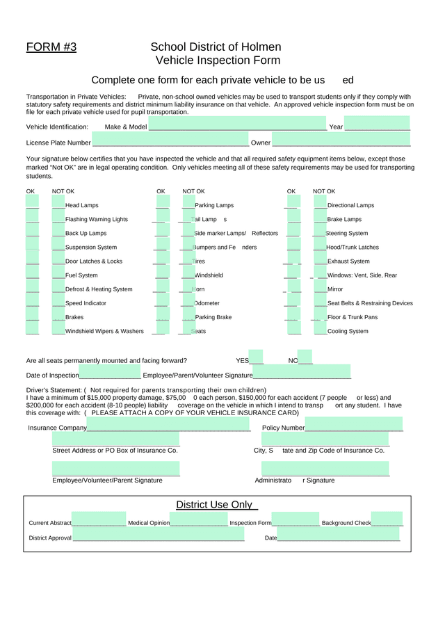 Vehicle Inspection Form screenshot