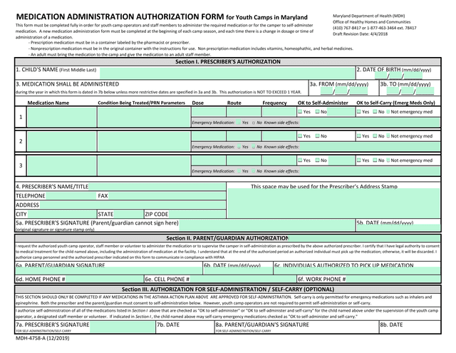 Medication Administration Authorization Form For Youth Camps In Maryland screenshot