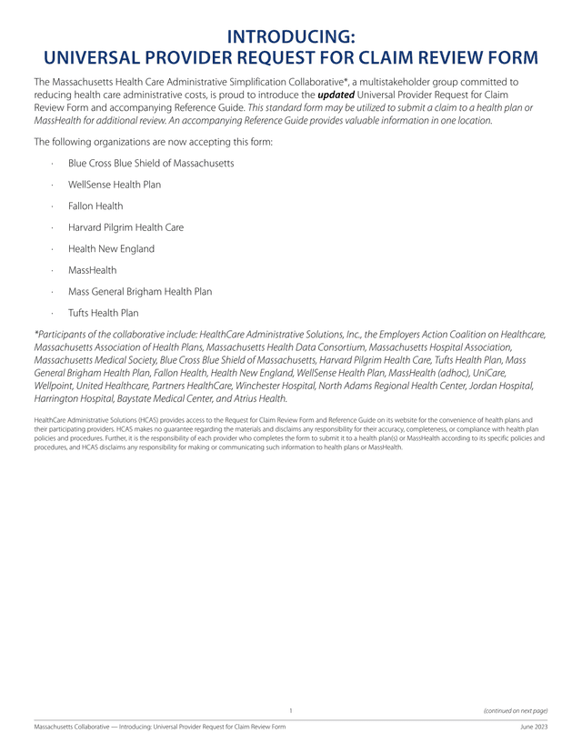 Universal Provider Request For Claim Review Form screenshot
