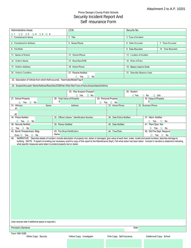 Security Incident Report And Self Insurance Form screenshot