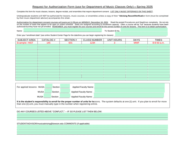 Request For Authorization Form (Use For Department Of Music Classes Only) screenshot