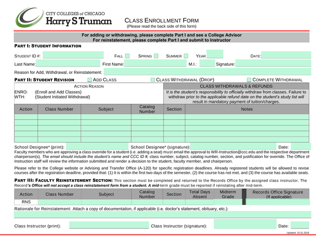 Class Enrollment Form screenshot